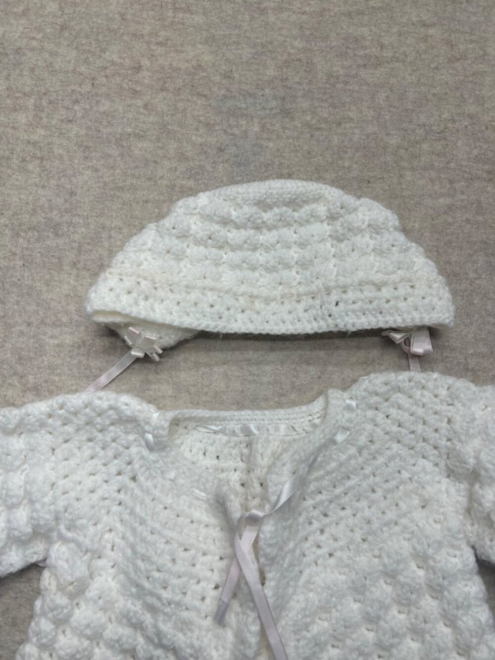 Vintage Handmade White Newborn Knit Cardigan Hat Infant Sweater Bonnet Cap Set - Picture 2 of 5